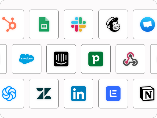 Grille d’icônes représentant les applications compatibles avec Saalz via Zapier ou Make : Hubspot, Google Sheets, Slack, Mailchimp, Salesforce, Intercom, Pipedrive, Webhooks, Notion, etc.