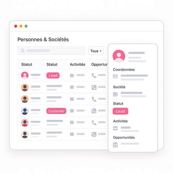 Interface Saalz présentant les fiches contacts et entreprises
